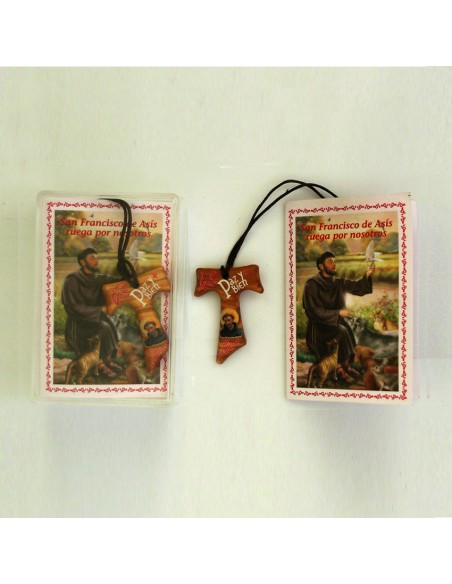 Cruz Tau Serigrafiada Paz Y Bien Con San Francisco 38X27mm En Caja Y Folleto Oraciones