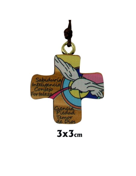 Cruz Madera Pintada Confirmacion Paloma Con 7 Dones 3X3cm En Blister Con Tarjeta