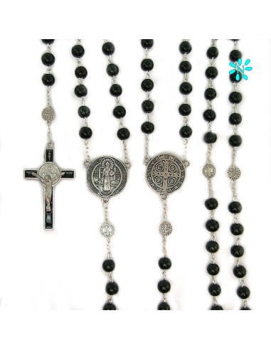 Rosario Cristal Negro 7mm San Benito Con Maria Y Paters Medalla San Benito
