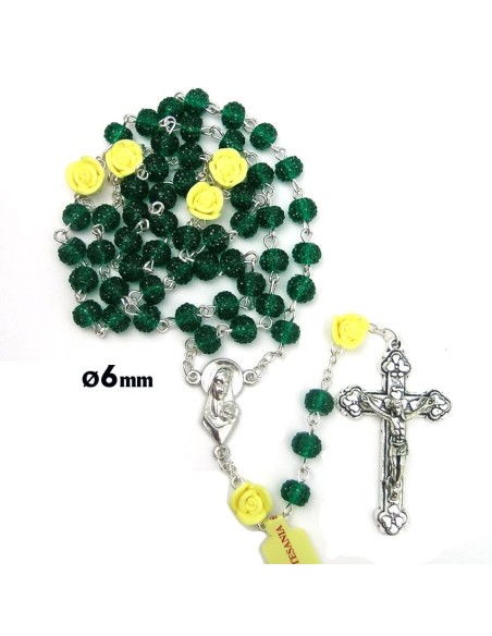 Rosario Cristal Granulado 6Mm Verde Con Rosas En Los Paters