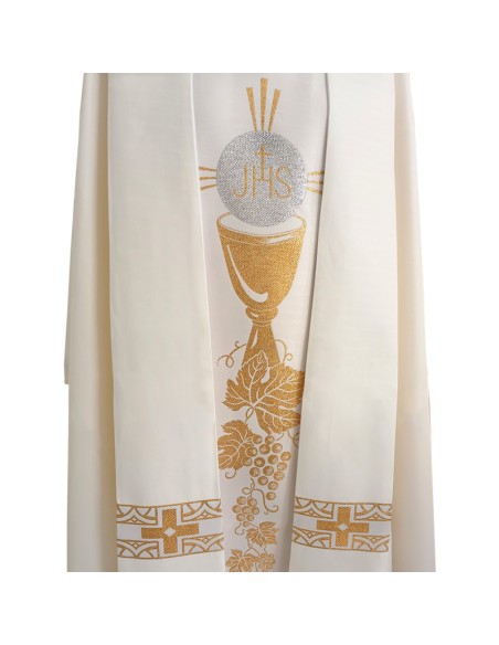 Casulla Estampada Con Galon Caliz Grande Con Forma Y Racimo Uvas N366 Blanca