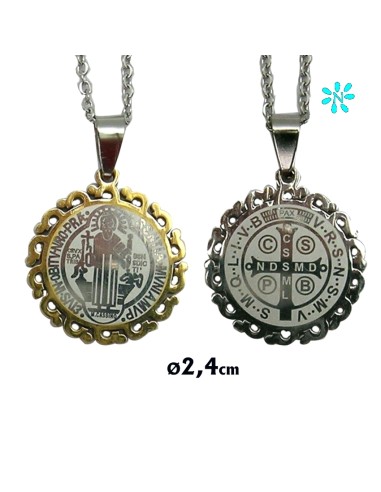 Medalla San Benito Acero 24 MM Con Reborde Y Con Cadena De Acero