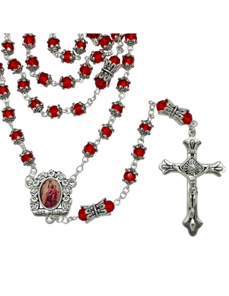 Rosario Cristal Tallado 6Mm Rojo Con Copetas Y Paters Doble Metal
