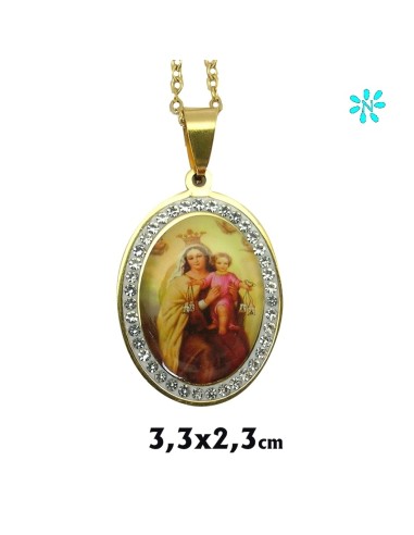 Medalla Acero Dorado Virgen Carmen 33 MM Oval Borde Circonitas Y Cadena Acero