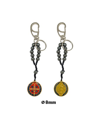 Llavero San Benito decena hematite 8mm con medallon esmaltado a colores