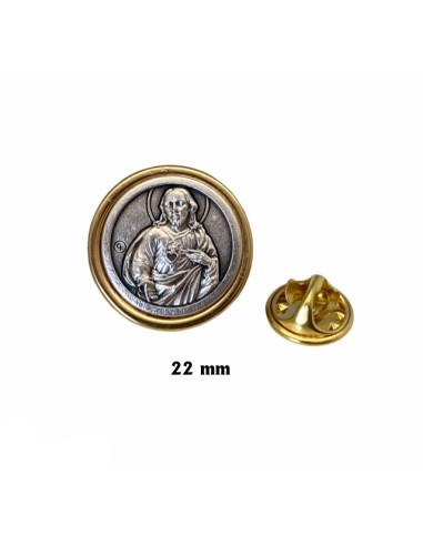 Pin Redondo Sagrado Corazon Plateado Sobre Esmalte Dorado 22mm