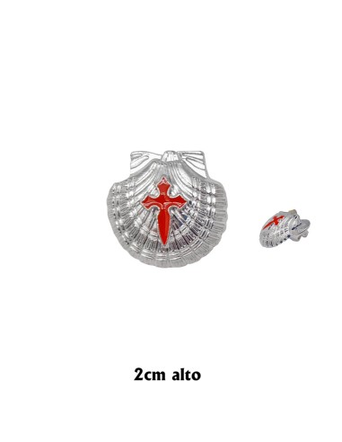 Pin Concha Niquelada Con Cruz De Santiago Esmalte Rojo 2cm