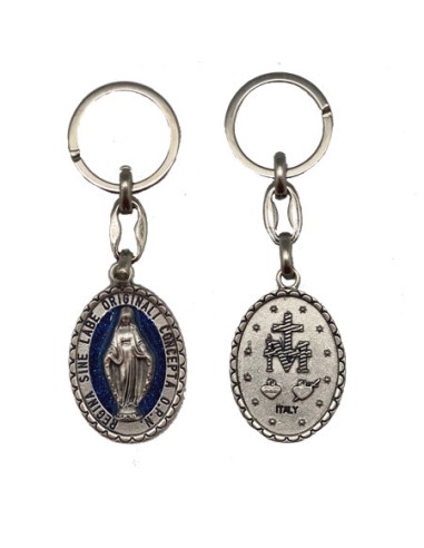 Llavero Metal Virgen Milagrosa Oval Con Esmalte Azul Y Signo Mariano Detras