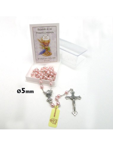 Rosario Cristal Perlado Rosa 5mm Primera Comunion Con Folleto En Caja