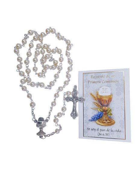 Rosario Cristal Perlado Celeste 5Mm Primera Comunion Con Folleto En Caja