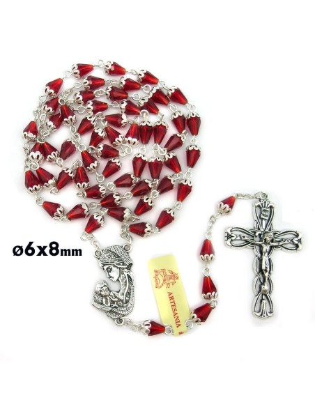 Rosario Cristal Rojo Tipo Lagrima Con Copetal Superior 6X8mm
