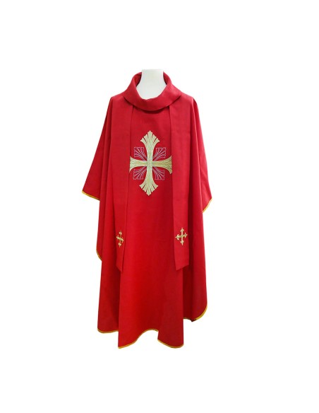 Casulla bordada Cruz grande con rayado en puntas roja