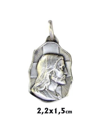 Medalla Plata Irregular 22x15mm Rostro De Jesús Con Cruz En El Fondo