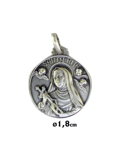 Medalla Plata 18mm Santa Rita Busto Con Cruz En La Mano Y Angeles