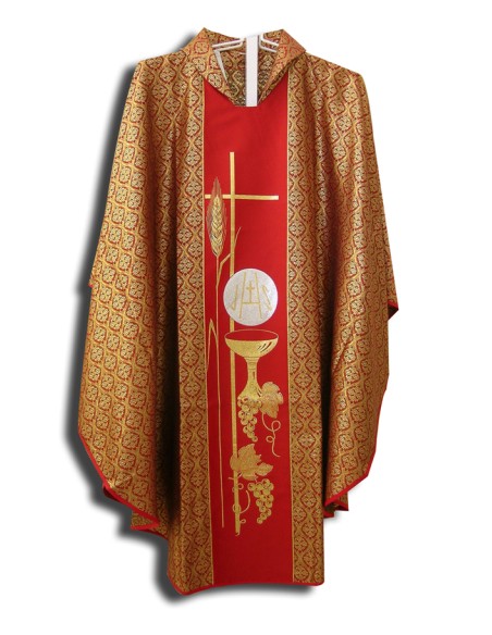 Casulla Estampada Tipo Damasco Con Galon Cruz Y Espiga Fina Caliz Y Forma N375 Blanca