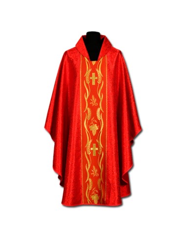 Casulla Estampada Adamascada Con Galon Cruces Espigas Y Uvas Con Borde Dorado N365 Roja