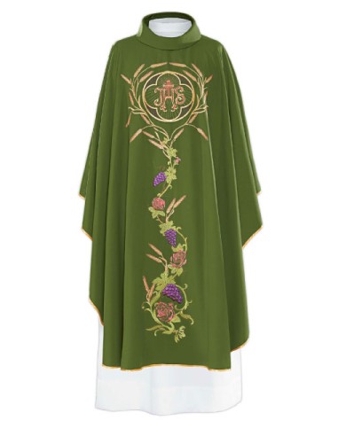 Casulla Bordada Jhs En Roseton Kor/006 Flores Y Uvas Verde
