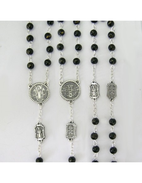 Rosario Plastico San Benito 6mm Negro Con Hilos Dorados