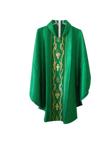 Casulla Estampada Adamascada Con Galon Cruces Espigas Y Uvas Con Borde Dorado N365 Verde