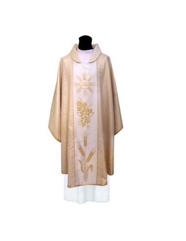 Casulla Estampada Tipo Damasco Con Galon Sol Con Ihs Racima Espigas N378 Blanca
