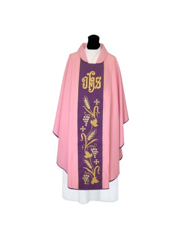 Casulla Bordada Lisa Con Jhs Espigas Con Uva Y Cruces Pequezzzzzas Rosa