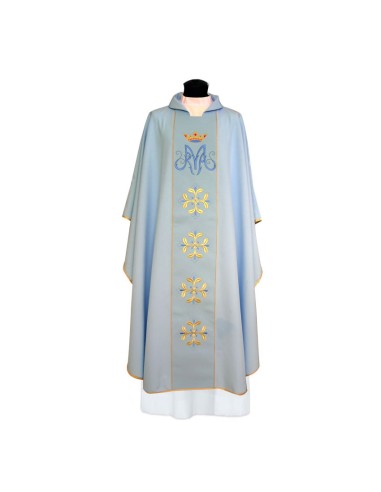 Casulla Azul Claro Bordada Mariana Kor/128 Escrito Maria Con Cruces Y Corona FIN