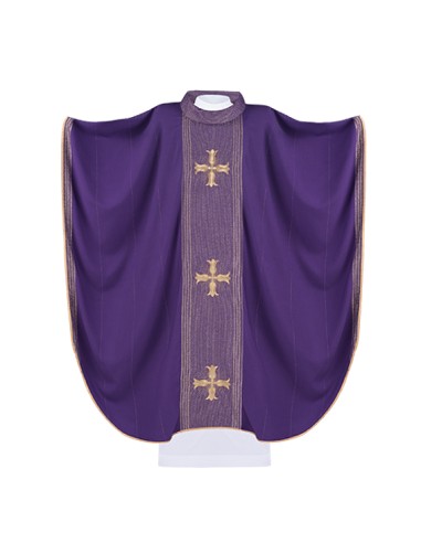 Casulla Bordada 3 Cruces De Flor En Tela Rayada Ha-7013 Morada