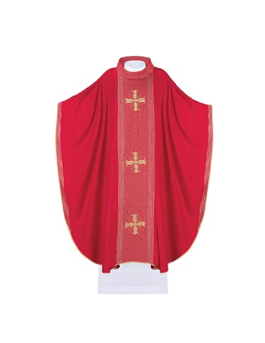 Casulla Bordada 3 Cruces De Flor En Tela Rayada Ha-7013 Roja