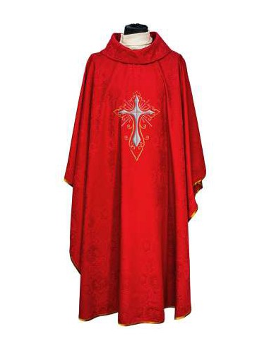 Casulla adamascada bordada cruz grande roja con dorada alrededor