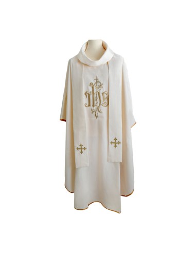 Casulla Bordada Jhs Con Hojas Y Cruz Pequezzzzza Arriba Crema Cuello Redondo