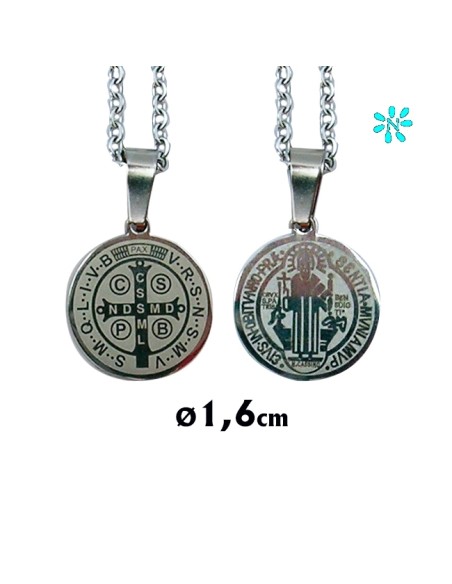 Medalla San Benito Acero 16mm grabado laser Con Cadena De Acero