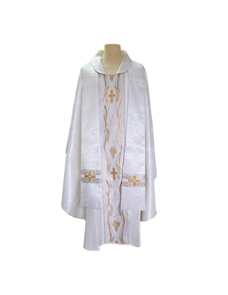 Casulla Estampada Con Galon Cruz Larga Con Racimos N354 Blanca