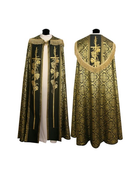 Capa Pluvial Negra Estampada Tipo Damasco Cruces Y Cruz Con Uvas Detras N444 Con Estola