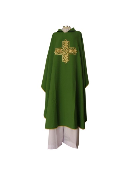 Casulla Bordada Jhs Con Cruz Sobre Pequeña Dos Espigas Con Uvas Rosa