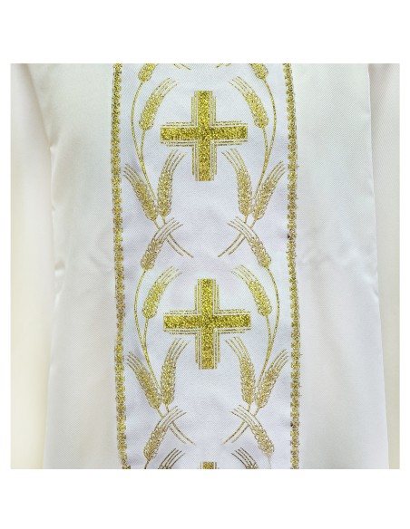 Casulla Estampada Con Galon Cruces Y Espigas Entrelazadas En Circulos N363 Blanca
