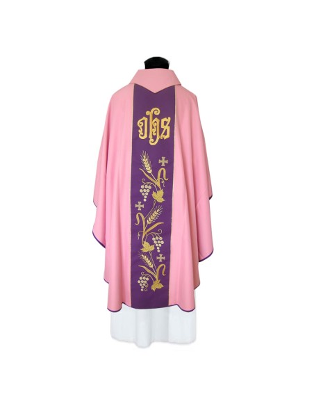 Casulla Bordada Lisa Con Jhs Espigas Con Uva Y Cruces Pequeñas Rosa
