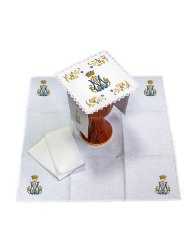 Juego De Altar Lino Bordado Mariano M Azul sdm010 con Corona