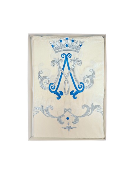 Casulla Adamascada Bordada Mariana Azul Y Plateado Corona Y Cenefa Arriba Y Abajo