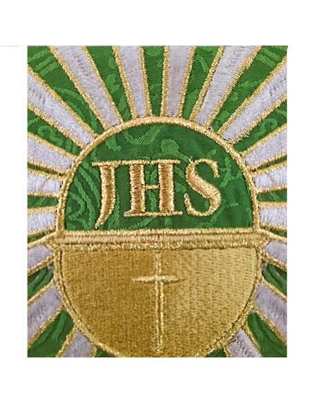 Casulla Adamascada Bordada Caliz Con Forma Jhs Y Rayos Verde