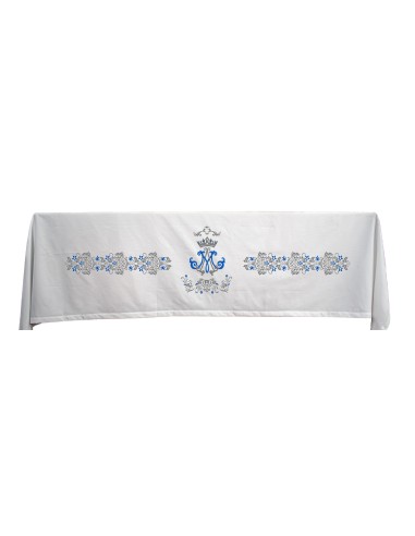 Mantel Altar Bordado 300x160cm Mariano con corona adornos plateados y azul