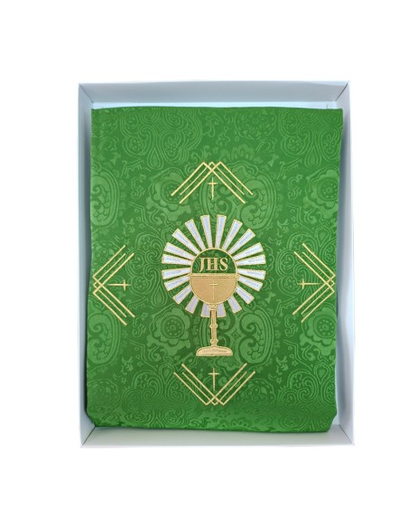 Casulla Adamascada Bordada Caliz Con Forma Jhs Y Rayos Verde