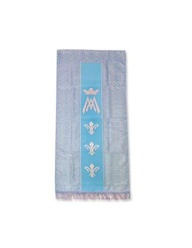 Cubre Ambon Azul Celeste Adamascado Estampado Con Motivos Marianos