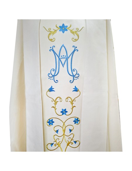 Casulla Bordada Mariana Flores Azules Y Dorado Sobre Galon Central