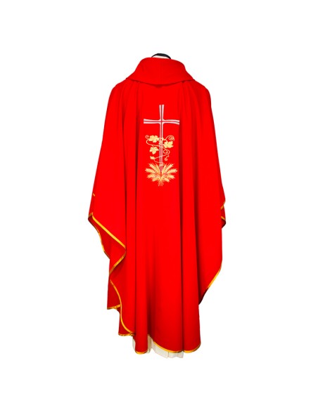 Casulla Cruz Larga Con Hojas De Parra Y Espigas En Base Roja