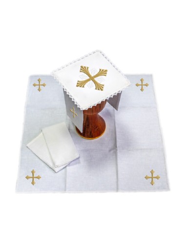 Juego De Altar Lino Bordado Cruz Rayada en Puntas sdm001