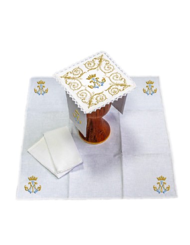 Juego De Altar Lino Bordado Mariano Barroco con Greca Grande sdm006
