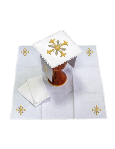 Juego De Altar Lino Bordado Cruz Doble Puntas Flor de Lis sdm008