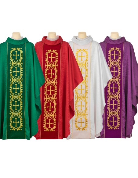 Conjunto 4 Casullas Cinco Cruces Dentro Cenafa Tela Adamascada Sobre Galon Central