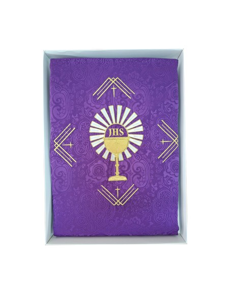 Casulla Adamascada Bordada Caliz Con Forma Jhs Y Rayos Morada