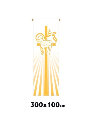Estandarte Liturgico Blanco Pascua Cordero Amarillo Con Cruz Fondo 300x100cm